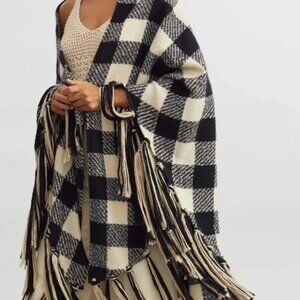 Anthropologie Plaid Fringe Black and White Wrap Poncho